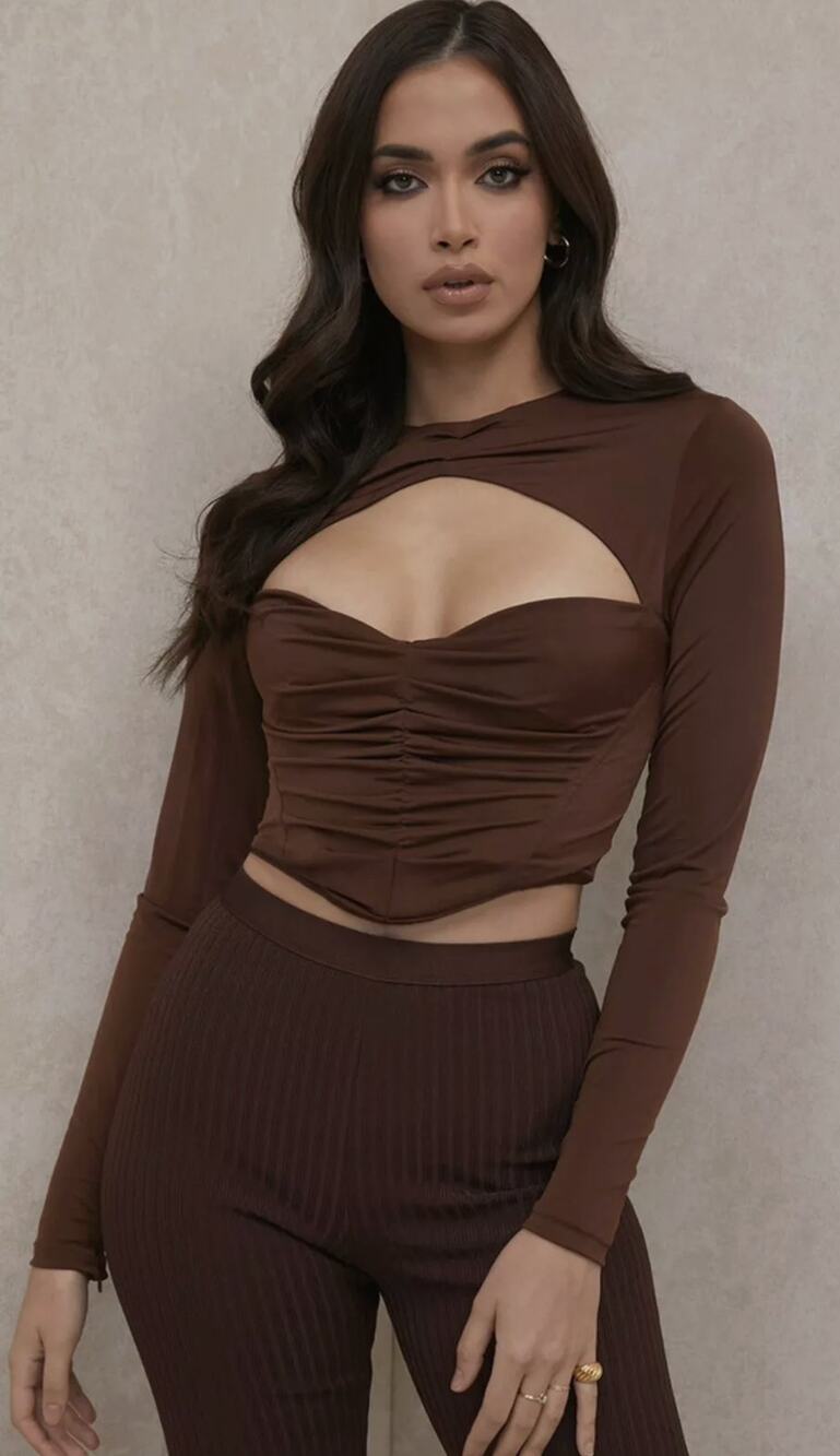 House of CB Natelle Chocolate Brown Corset Longsleeve Top Womens XS